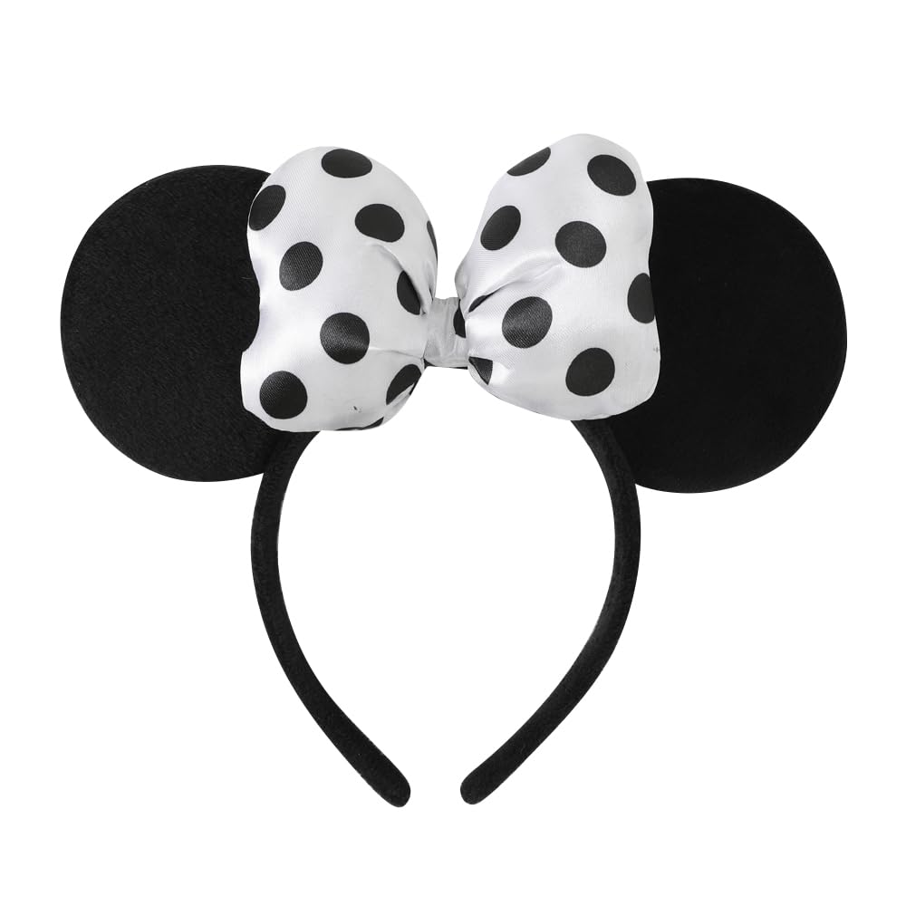 JIAHANG 3D Polka Dot Mouse Ear Hair Bow Headband,Velvet Amusement Photography Headband, Costume Headwear for Women Girls (3D satin white)