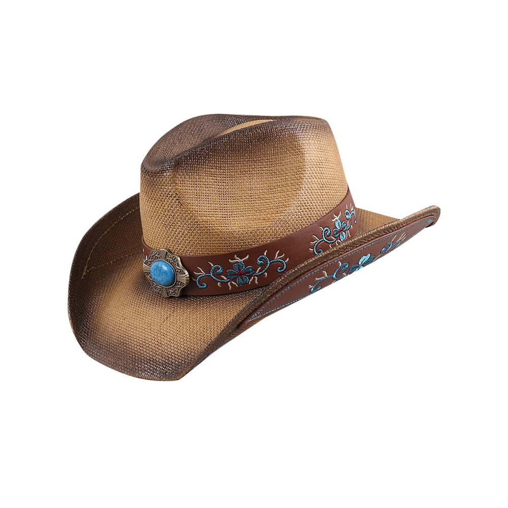 LIDHAY Men & Women's Woven Straw Cowboy Cowgirl Hat New Western Style Classic Cowboy Straw Hat Wide Brim Sun Hat R29 Brown