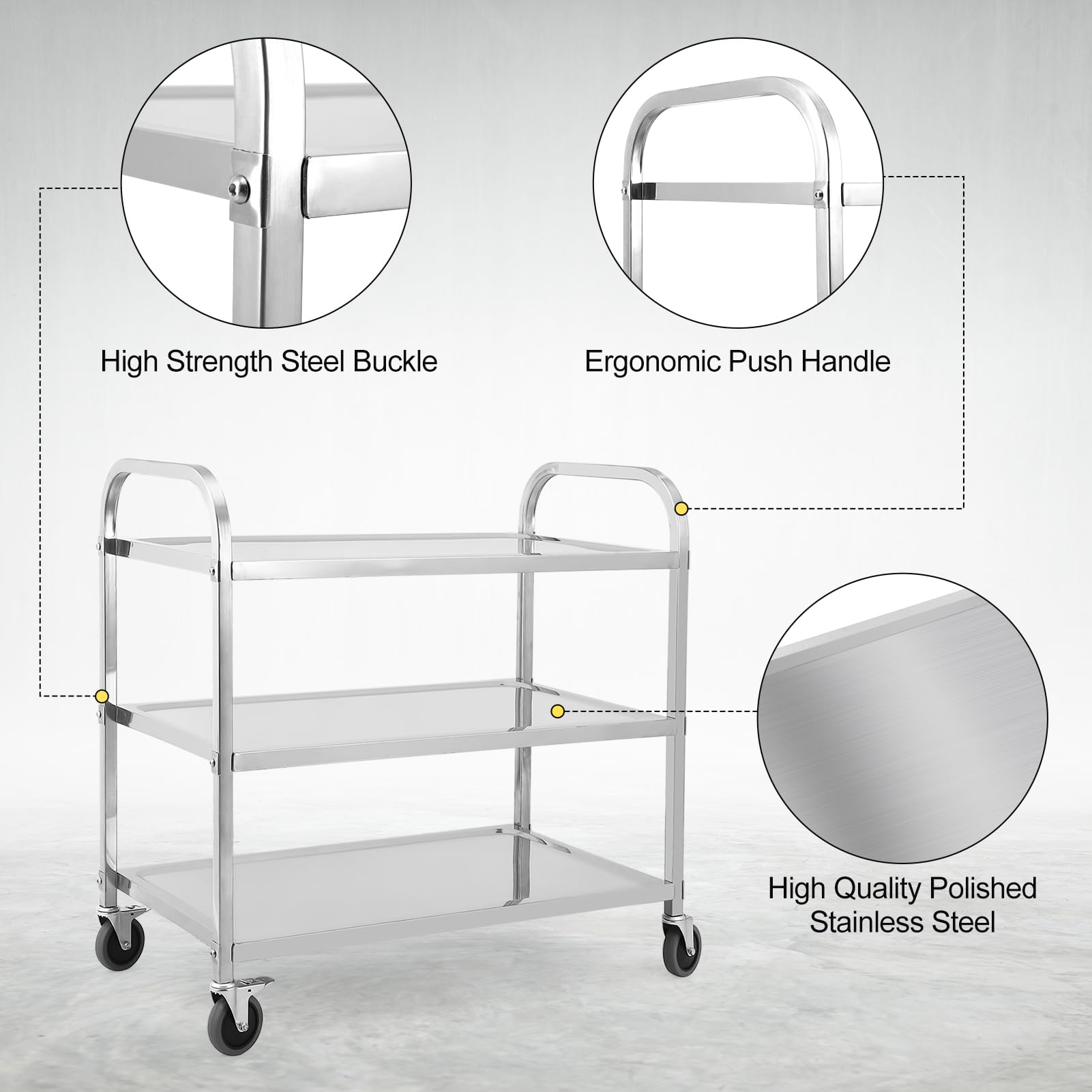 GAOMON 3 Tier Stainless Steel Utility Cart, Heavy Duty Trolley Rolling Cart with Handle and Locking Wheels, for Kitchen, Restaurant, Hospital, Laboratory and Home, 37.4" x 19.7" x 37.4", 331Lbs