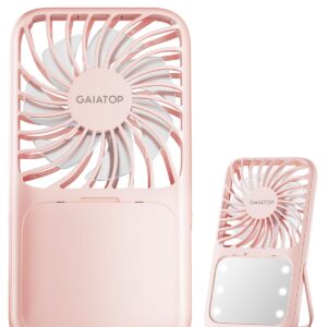 Gaiatop Handheld Mini Fan, 3 Speed Portable Lash Fan Makeup Mirror with LED Light, 2000mAh USB Rechargeable Personal Desk Fan with Stand, Small Hand Fan for Outdoor Travel Gifts for Women Girls Pink