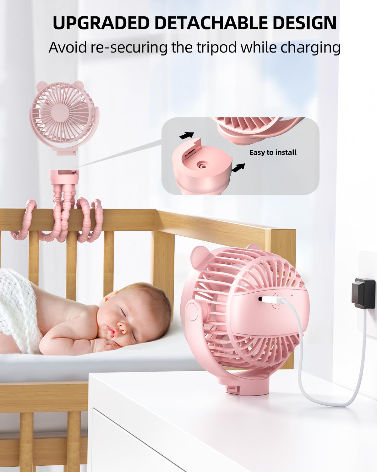 ASNUG Portable Mini Stroller Fan, Battery Operated Small Clip on Fan, Detachable Flexible Tripod Baby Fan with 3 Speed, Rechargeable Personal Fan for Car Seat Crib Treadmill Travel