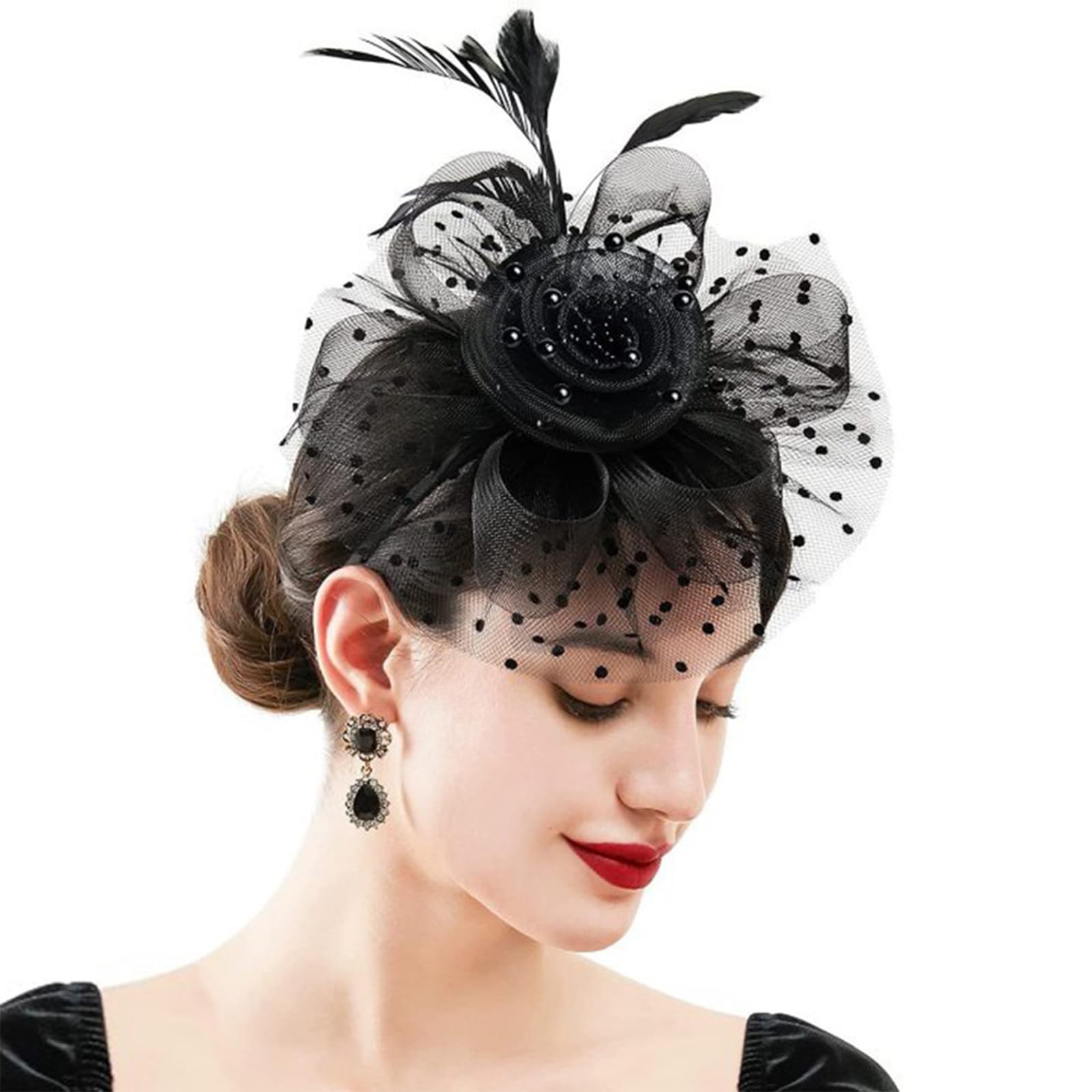 Fascinators Hats 20s 50s Hat Pillbox Hat Cocktail Tea Party Headwear with Veil for Girls and Women (US, Alpha, One Size, A-Black)