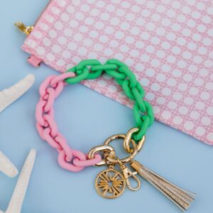 Lilly Pulitzer Chain Link Keychain Bracelet, Keychain Wristlet with Tassel, Cute Key Ring Bracelet for Women (Conch Shell Pink/Spearmint)