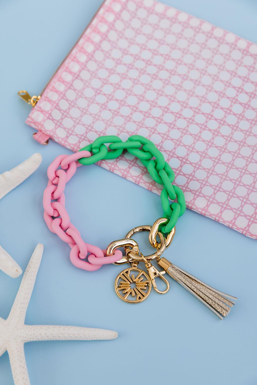 Lilly Pulitzer Chain Link Keychain Bracelet, Keychain Wristlet with Tassel, Cute Key Ring Bracelet for Women (Conch Shell Pink/Spearmint)