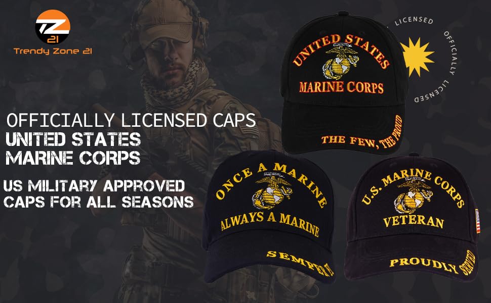 Trendy Zone 21 USMC Hat for Men and Women | Veteran Proudly Served Unisex Black US Marine Corps Cap, Officially Licensed Product | Semper Fi | Navy Blue