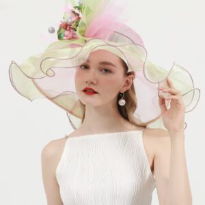 RZTA Women's Kentucky Derby Church Dress Hat Wide Brim Leaf Flower Bridal Shower Hat E3-Beige,Pink