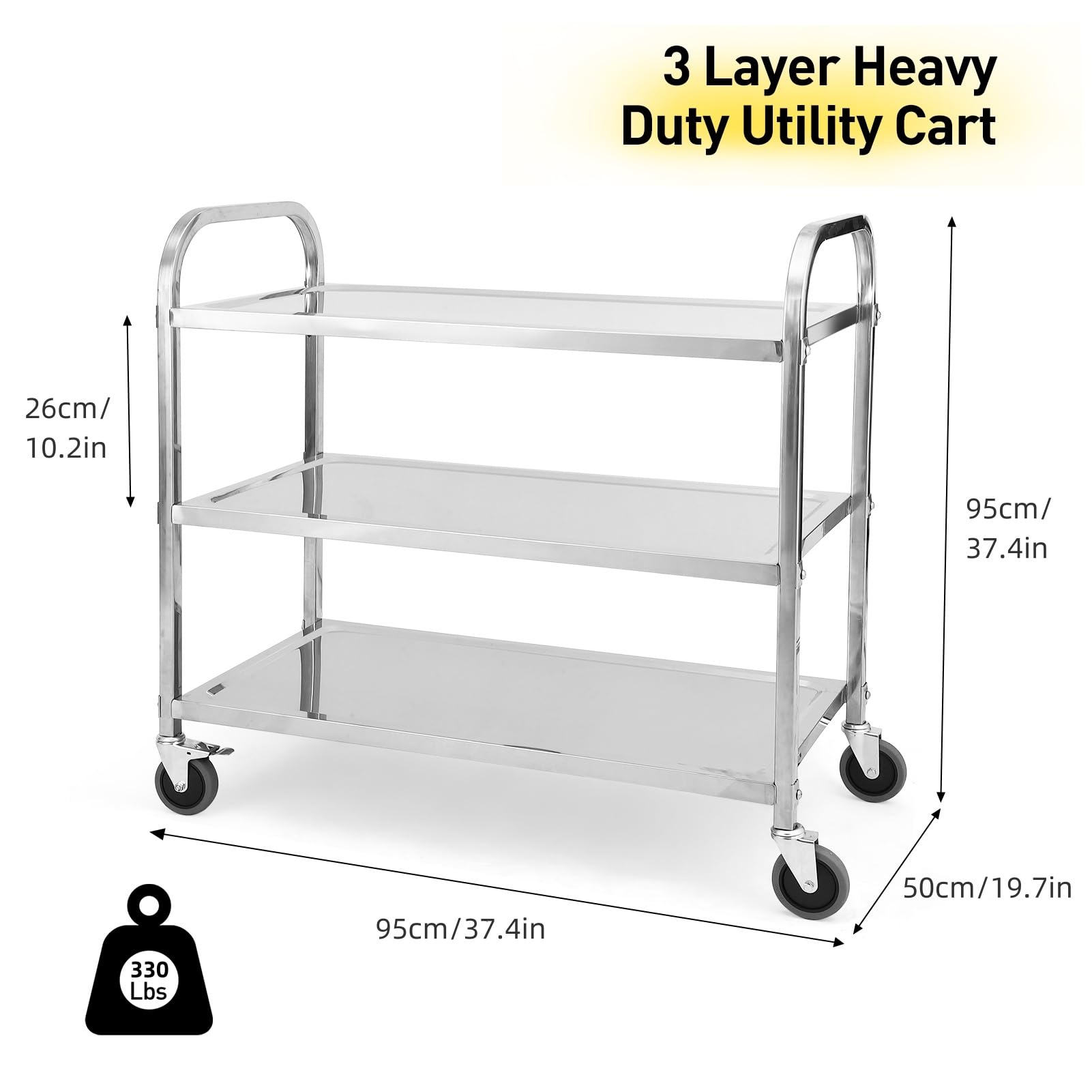 GAOMON 3 Tier Stainless Steel Utility Cart, Heavy Duty Trolley Rolling Cart with Handle and Locking Wheels, for Kitchen, Restaurant, Hospital, Laboratory and Home, 37.4" x 19.7" x 37.4", 331Lbs