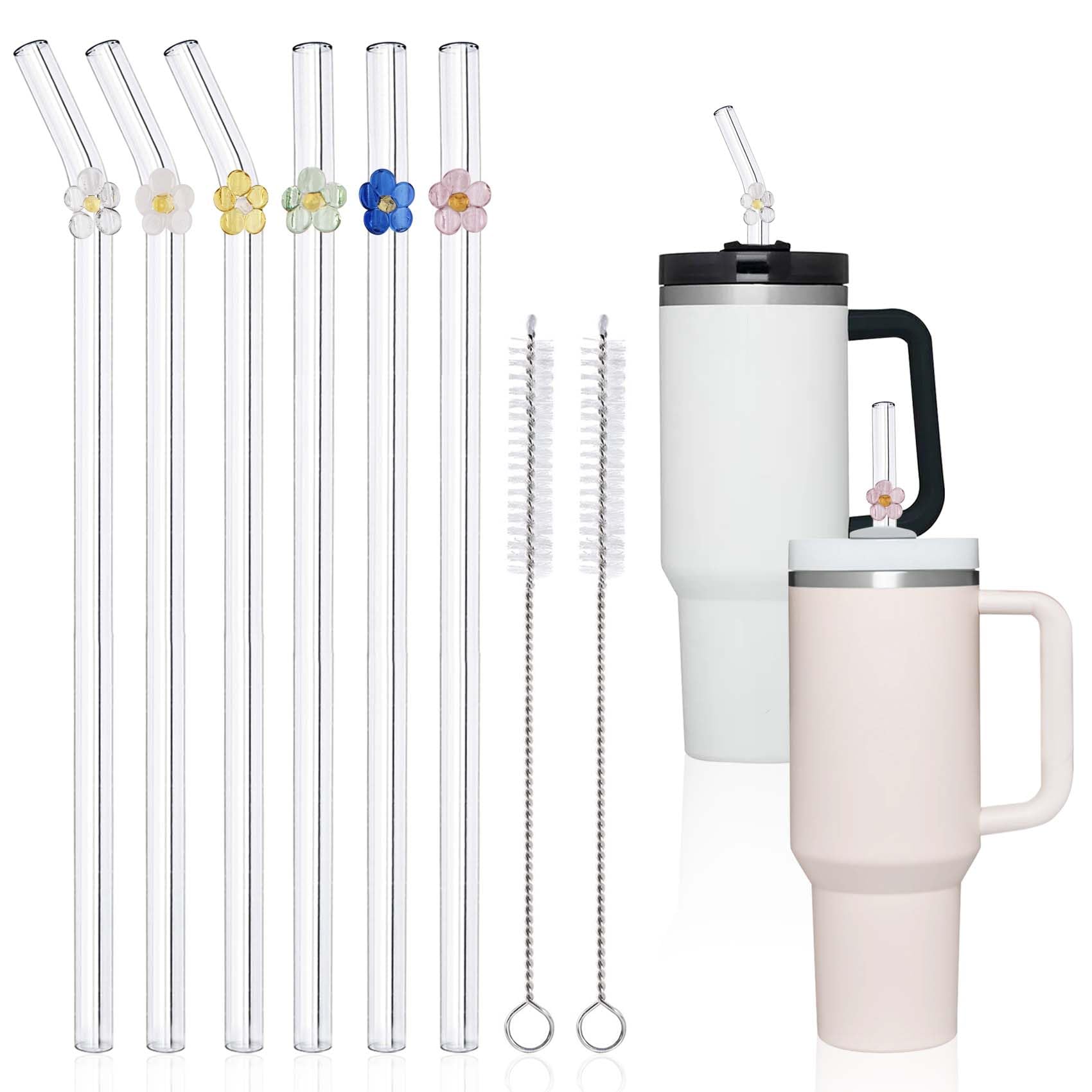 DUMING-IN 6 Pack Replacement Glass Straws for Stanley 40 oz 30 oz Tumbler, Cute Flower Glass Straws with Charms, Stanley Straw with Cleaning Brush Stanley Cup Accessories