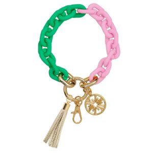 lilly pulitzer chain link keychain bracelet, keychain wristlet with tassel, cute key ring bracelet for women (conch shell pink/spearmint)