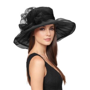 Komorebi Kentucky Derby Hats for Women Organza Fascinator Hats Tea Party Hats Bridal Church Wedding Headwear Black One Size