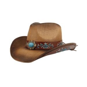 LIDHAY Men & Women's Woven Straw Cowboy Cowgirl Hat New Western Style Classic Cowboy Straw Hat Wide Brim Sun Hat R29 Brown