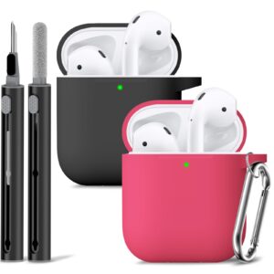 2 Pack for Airpods Case Cover with Cleaner Kit,Soft Silicone Protective Case Compatible with Apple AirPods 2nd/1st Generation Charging Case with Keychain, AirPod Case for Women Men(Black+Rose Pink)