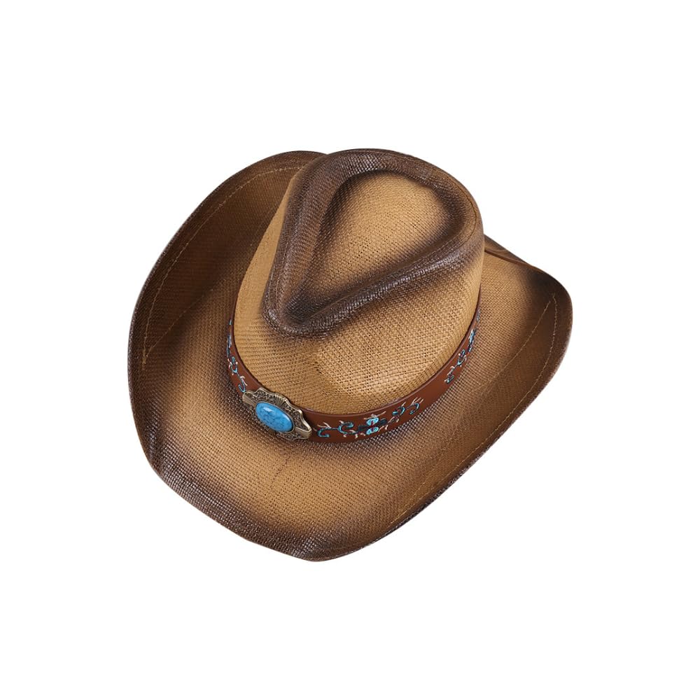 LIDHAY Men & Women's Woven Straw Cowboy Cowgirl Hat New Western Style Classic Cowboy Straw Hat Wide Brim Sun Hat R29 Brown