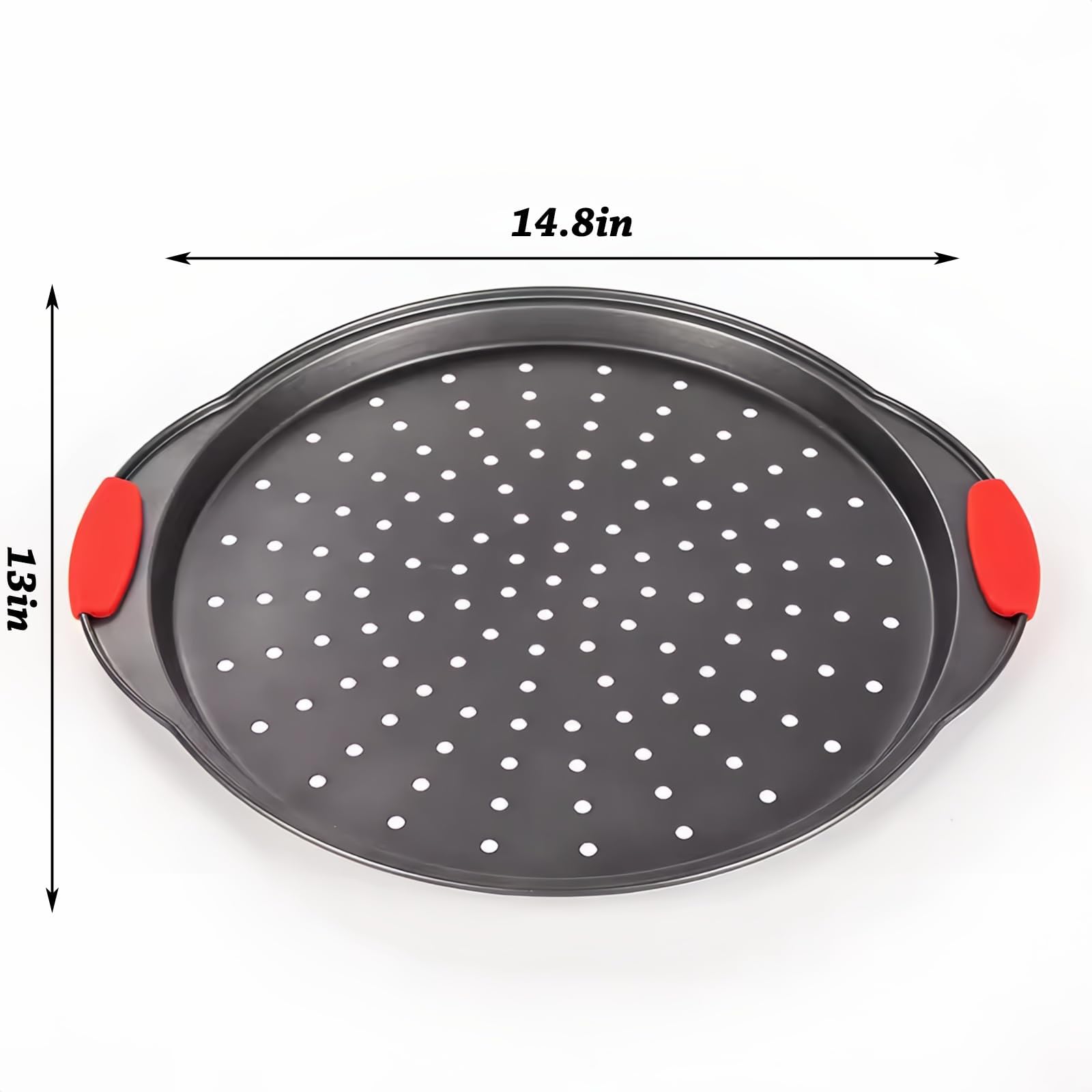 ZOEHROWS Pizza Pan for Oven (2 Pack) Round Pizza Pan with Holes - Non-Stick Carbon Steel Pizza Tray with Silicone Handles - for Cooking, Baking, and Grilling - Dishwasher Safe