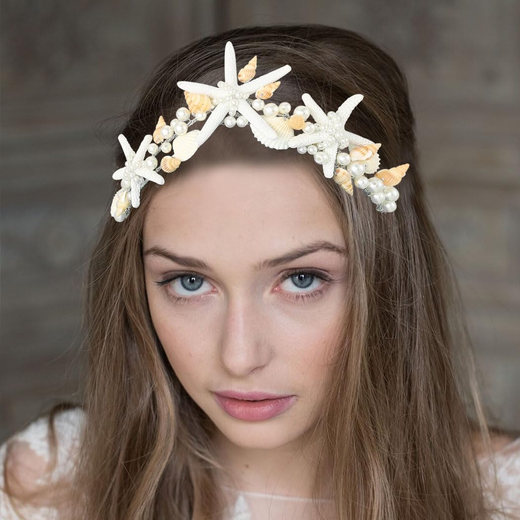 Unicra Starfish Crown and Tiaras Silver Pearl Bridal Headband Beach Headpiece Wedding Hair Accessories for Women and Girls