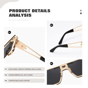 Highyou Oversize Sunglasses Mens Trendy Womens Retro Metal Shades Designer Fashion (Gold frame/black lenses)