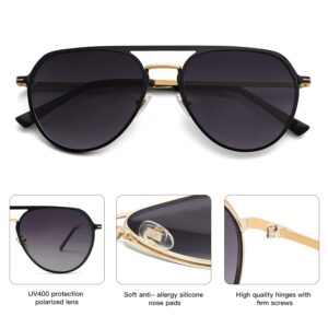 SOJOS Trendy Aviator Polarized Sunglasses for Women Men Retro Shades Classic Metal Sun Glasses SJ1204 Black&Gold/Grey Lens