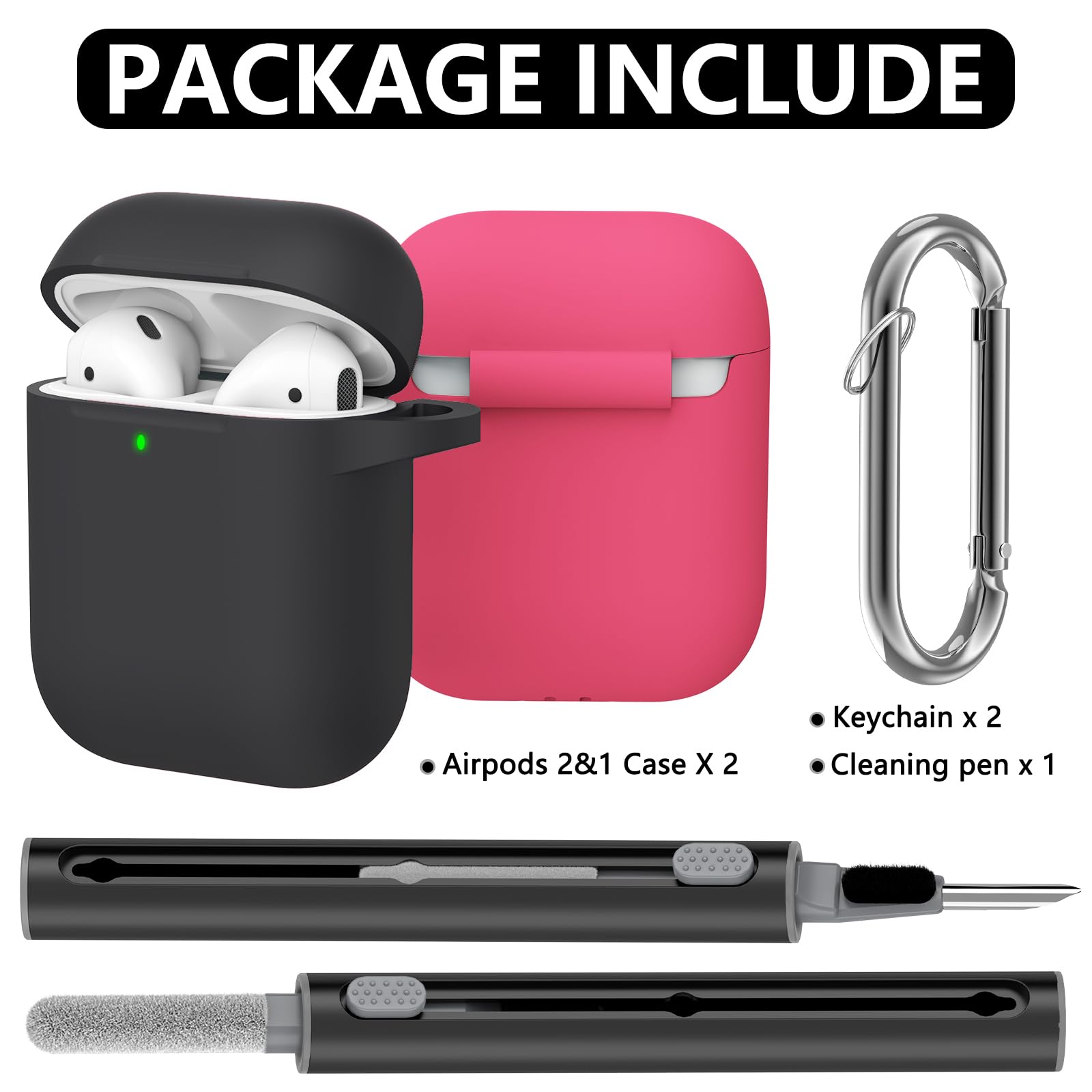 2 Pack for Airpods Case Cover with Cleaner Kit,Soft Silicone Protective Case Compatible with Apple AirPods 2nd/1st Generation Charging Case with Keychain, AirPod Case for Women Men(Black+Rose Pink)