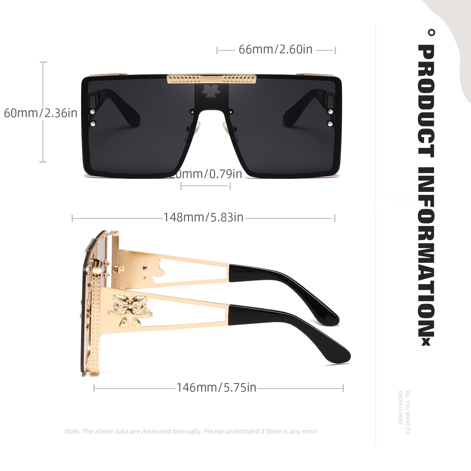 Highyou Oversize Sunglasses Mens Trendy Womens Retro Metal Shades Designer Fashion (Gold frame/black lenses)