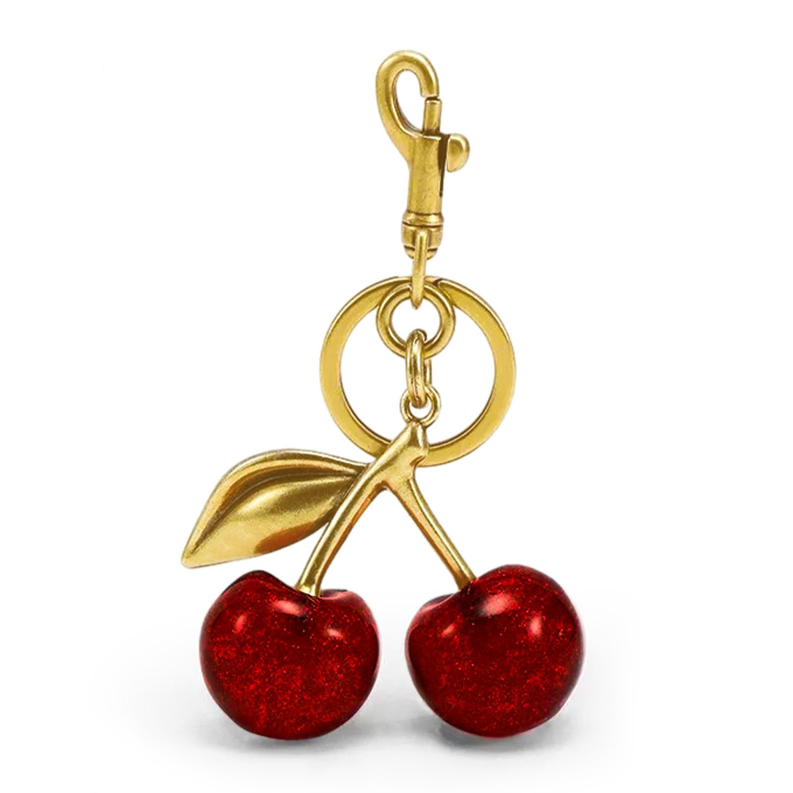 FASTFAIRY Glitter Cherry Bag Charm with Key Ring and Clip – Sparkling Resin & Metal Accessory for Purses and Bags