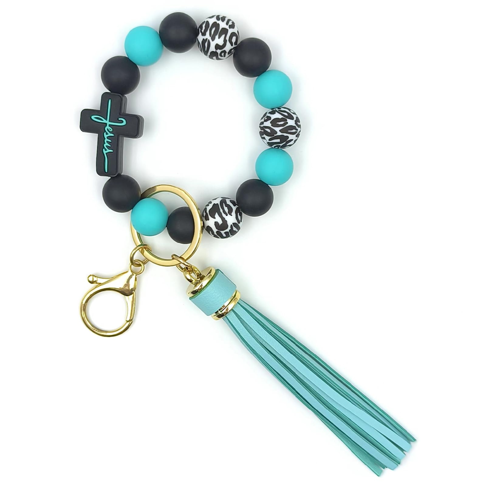 SHINYHARBOR Keychain Bracelet Silicone Key Ring Wristlet with Leather Tassel Wrist Key Ring Bangle Silicone Bead keyring for Women Girls Mom Gifts, Green