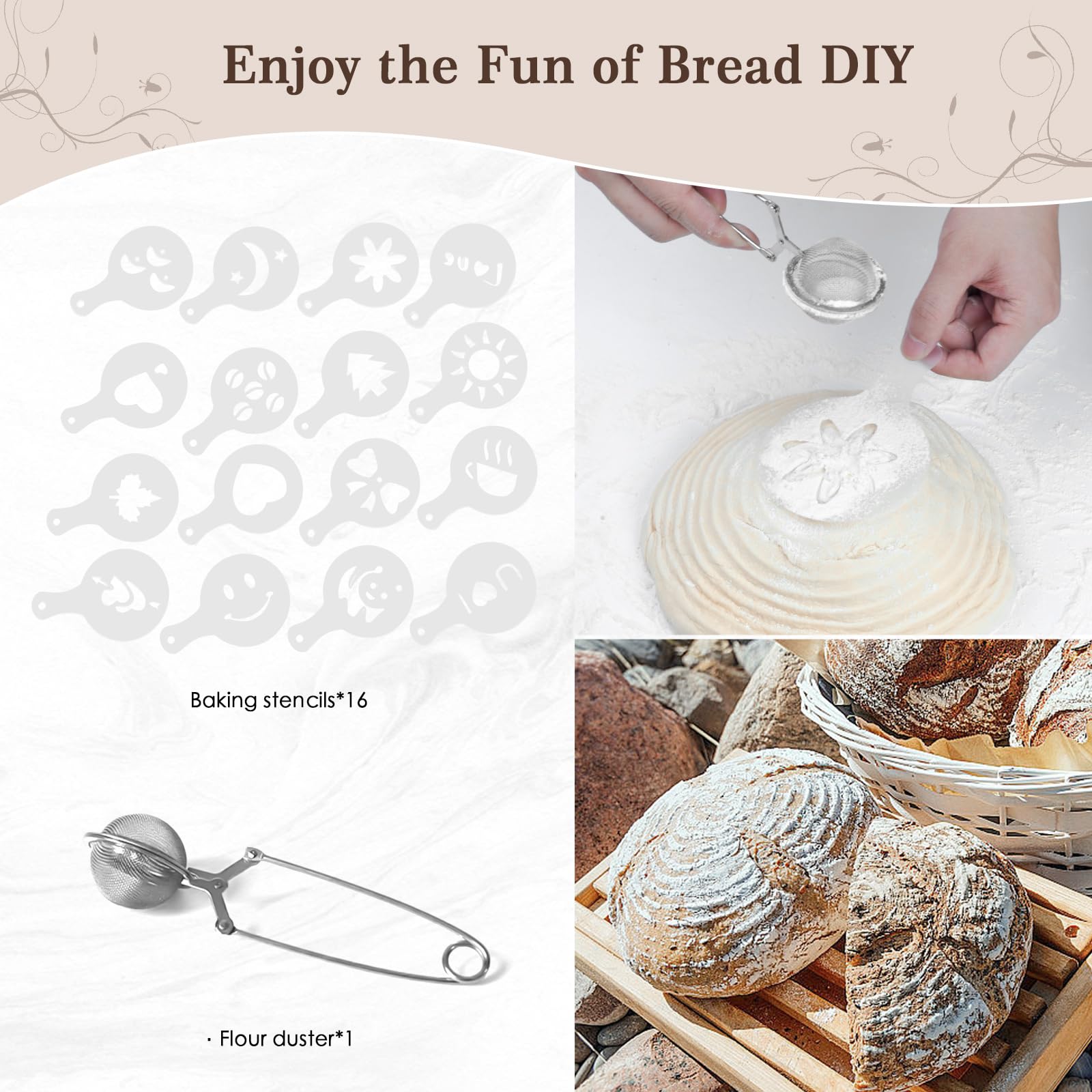 Sourdough Bread Baking Supplies, Bread Making Kit Including 9" Round & 10" Oval Cane Sourdough Baskets Danish Whisk, Bowl & Dough Scrapers, and Linen Liners, Making Baking Fermentation（13 pcs）…