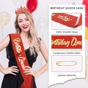 KICOSY Birthday Sash and Crown for Women Red Birthday Headband and Birthday Queen Sash Set Happy Birthday Tiara for Women Crystal Birthday Crown Adult Women Birthday Decorations