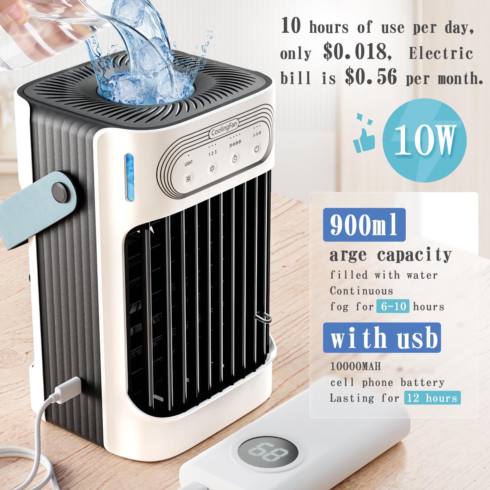 Portable Air Conditioners,Porbable AC 3in1 Mini Air Conditioner 900ML Water Tank,3 Cool Mist,3 Wind Speed,7 LED Light,2-8H Timer Personal Evaporative Air Cooler for Room/Office