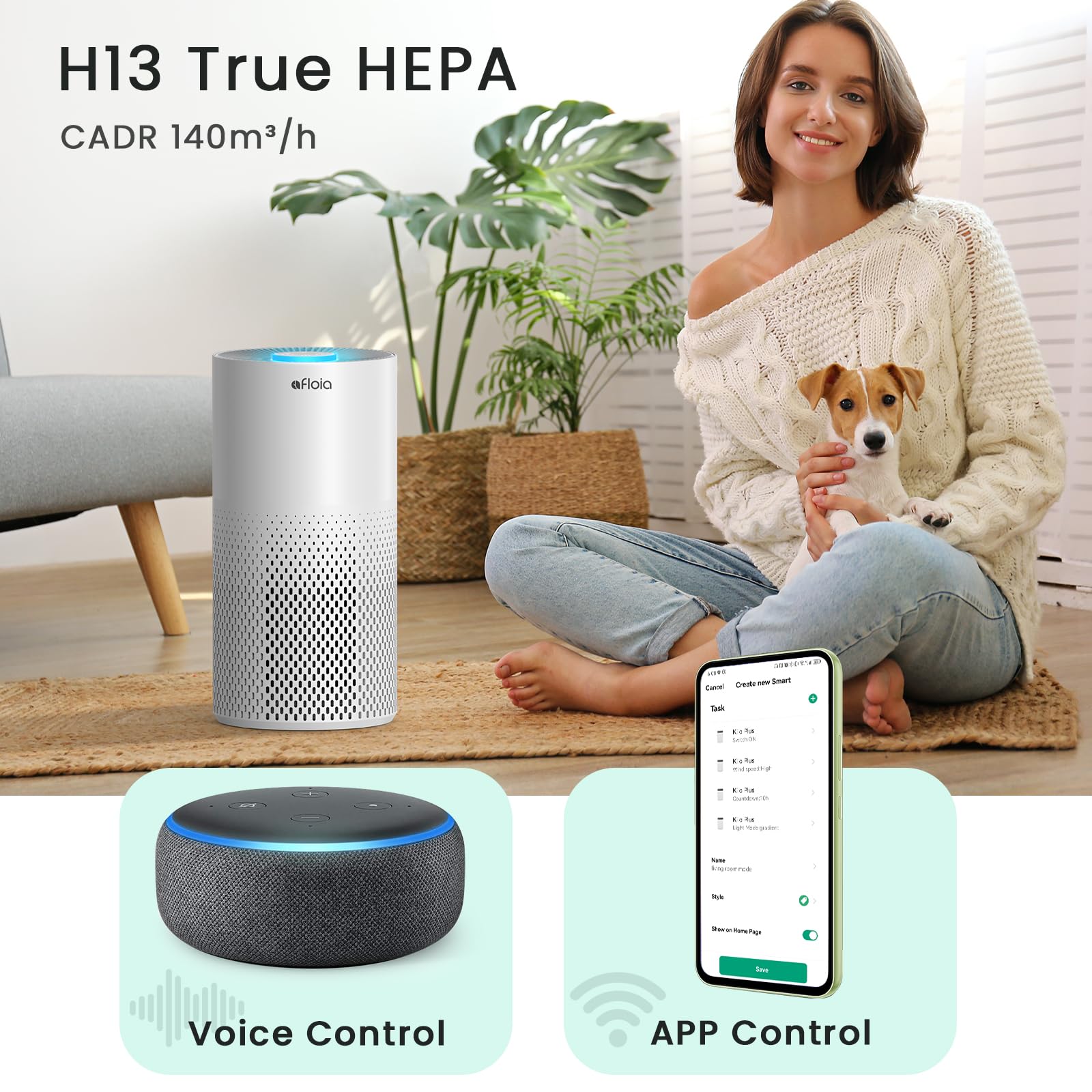 Afloia Air Purifiers for Home Large Room Up to 1076 Ft² with Smart WiFi White, 2 Packs Afloia Pet Allergy Filter