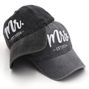 Mr and Mrs EST 2024 Hats for Men Women, Bride Groom Hat 3D Embroidered Baseball Cap Newlywed Honeymoon Wedding Gifts for Couples