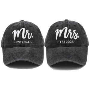 mr and mrs est 2024 hats for men women, bride groom hat 3d embroidered baseball cap newlywed honeymoon wedding gifts for couples