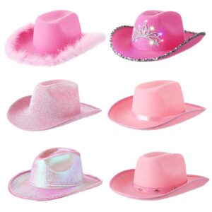 Funnysoft 6 Pcs Pink Cowgirl Party Hat Set Country Western Hat Cowboy Hat with Fluffy Feathers Light up Pink Cowgirl Hat for Men Women Adult Costume Bachelorette Dress up Party Favor