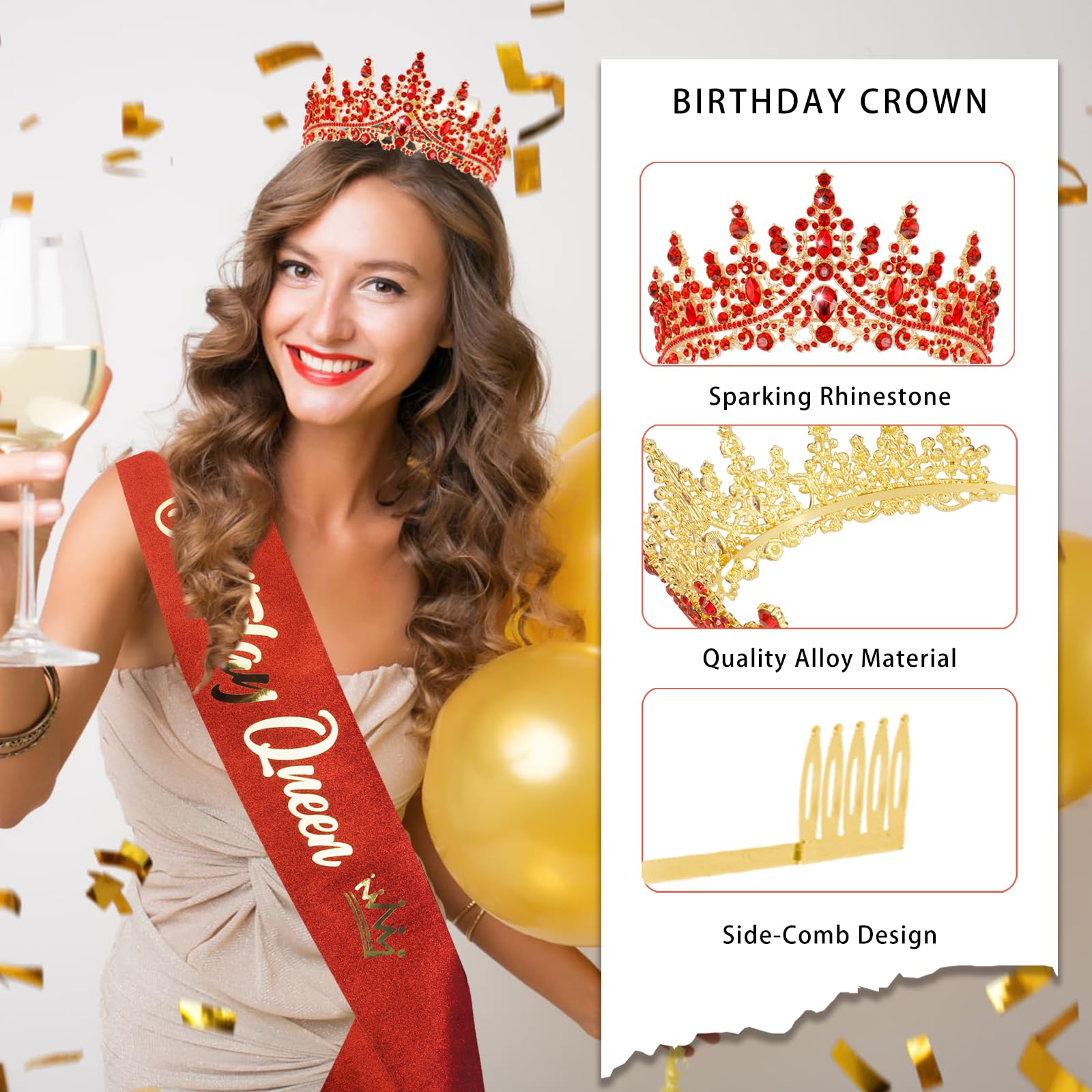 KICOSY Birthday Sash and Crown for Women Red Birthday Headband and Birthday Queen Sash Set Happy Birthday Tiara for Women Crystal Birthday Crown Adult Women Birthday Decorations