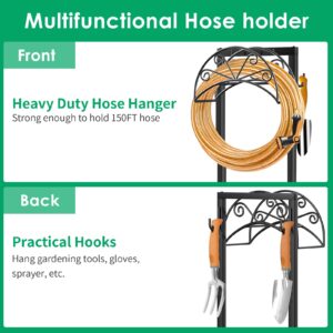 TomCare Garden Hose Holder Heavy Duty Water Hose Holder with 2 Tool Hooks Sturdy 4 Spikes Hose Reel Holds 150ft Hose Freestanding Hose Hanger Hose Storage Organizer for Outside Yard Lawn, Black