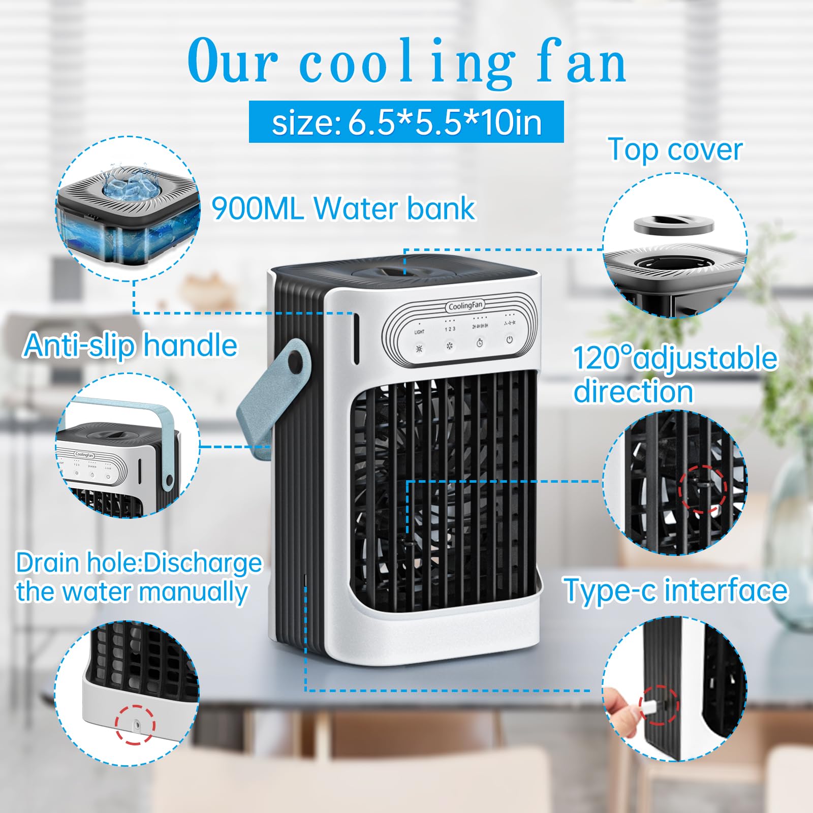 Portable Air Conditioners,Porbable AC 3in1 Mini Air Conditioner 900ML Water Tank,3 Cool Mist,3 Wind Speed,7 LED Light,2-8H Timer Personal Evaporative Air Cooler for Room/Office