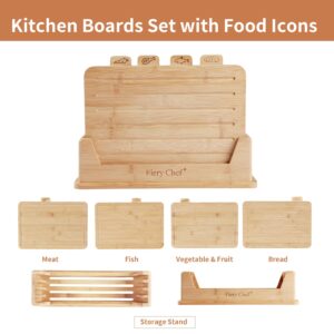 Fiery Chef Bamboo Cutting Board Set of 4 - Wood Cutting Board Set with Holder, Chopping Boards Set with Food Icons, Juice Groove - Ideal for Meat, Fish, Bread, Vegetable, Fruit Chopping