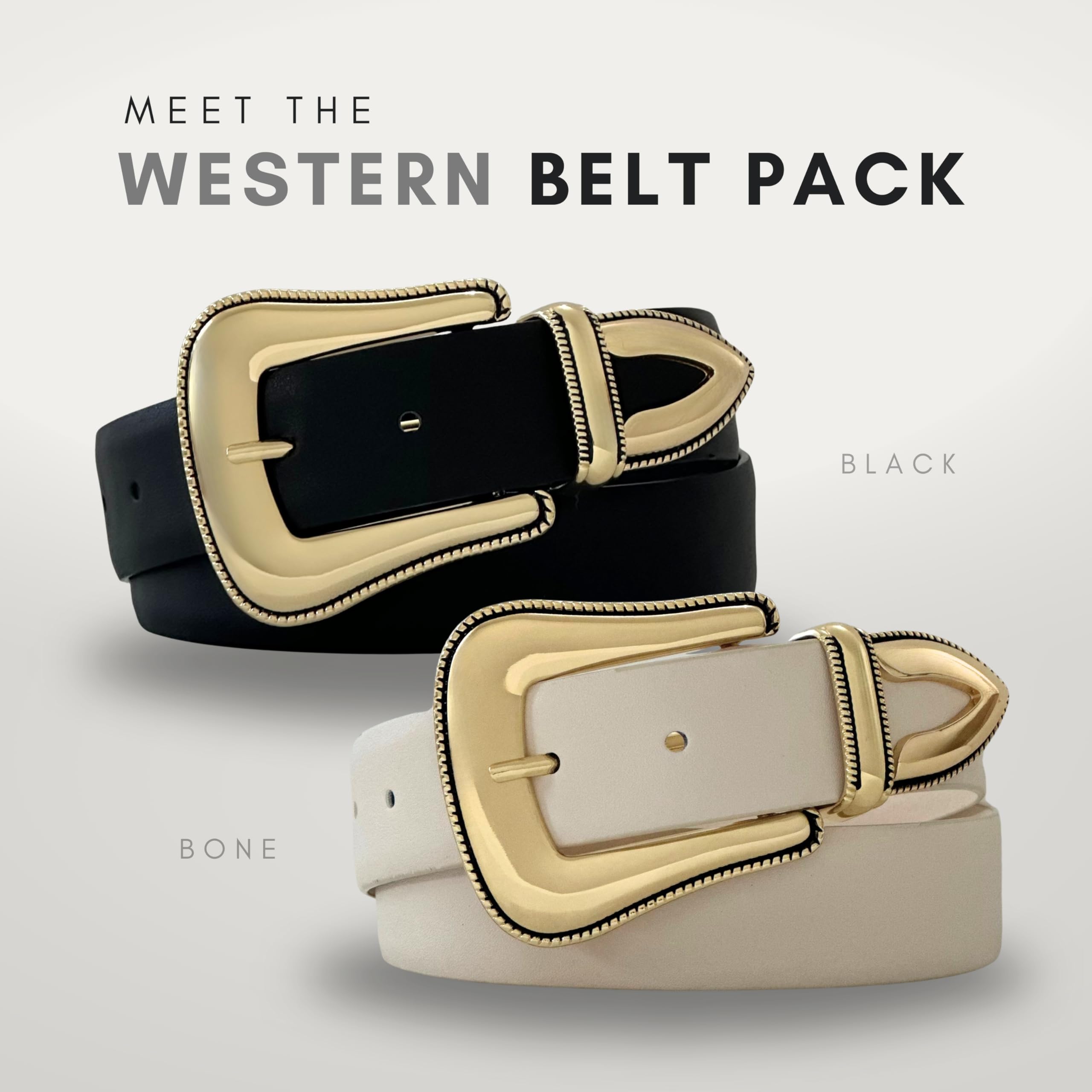 Citrusy Boutique Western Belt 2-Pack | Country Western Fashion Cowgirl Belts for Women | Cute Chunky Gold Western Belt Buckle | Cream and Black PU Leather Belts (Western Pack | Size M-L)