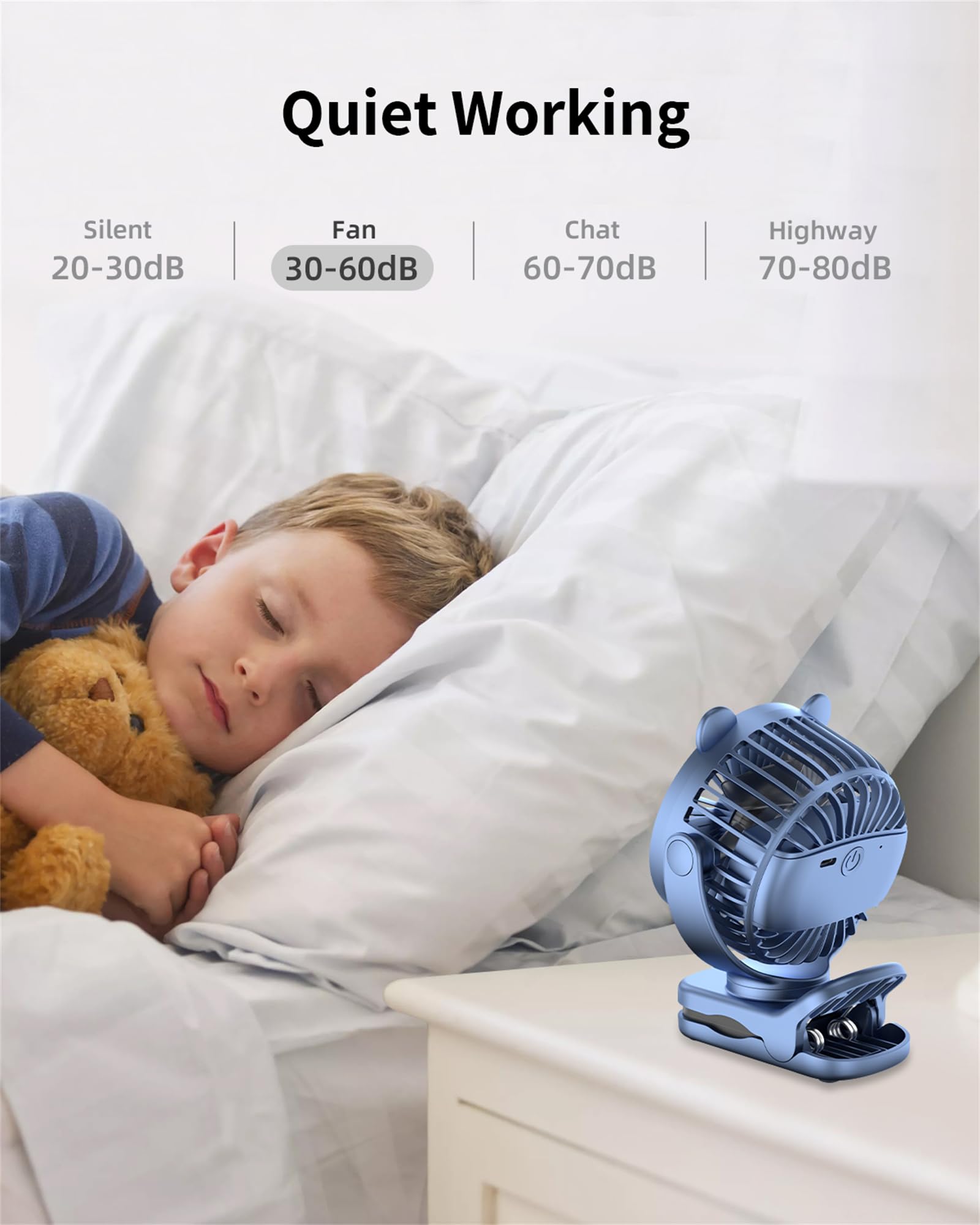 GOTOTO Clip on Fan, Rechargeable Portable Fan with 2000mAh Battery Operated, Small Fan with Powerful Clip Design, 3 Wind Speed, 360° Rotation, Ultra-Low Noise Level Personal Fan for Travel