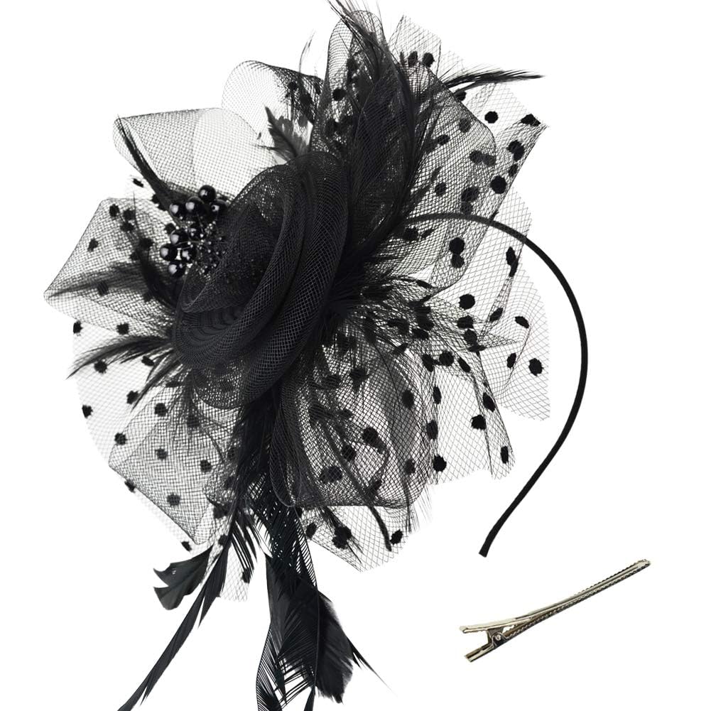 Fascinators Hats 20s 50s Hat Pillbox Hat Cocktail Tea Party Headwear with Veil for Girls and Women (US, Alpha, One Size, A-Black)