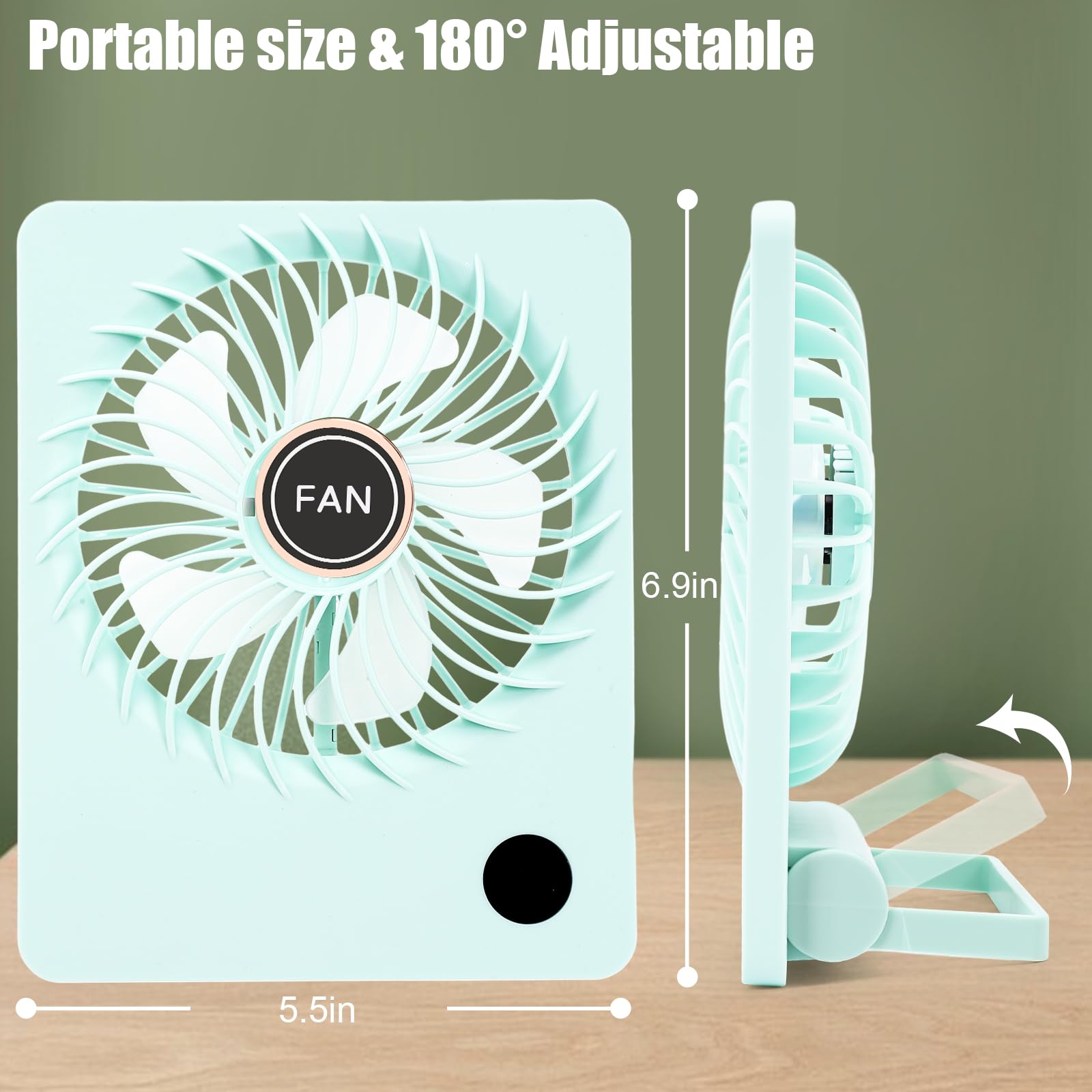 tertran Desk Fan, 5.5 Inch Personal Fan Rechargeable with 180° Foldable, 5 Speeds Ultra Quiet Table Fan with LED Display, Strong Wind Portable Fan with Aroma for Travel Home Office Bedroom(Green)