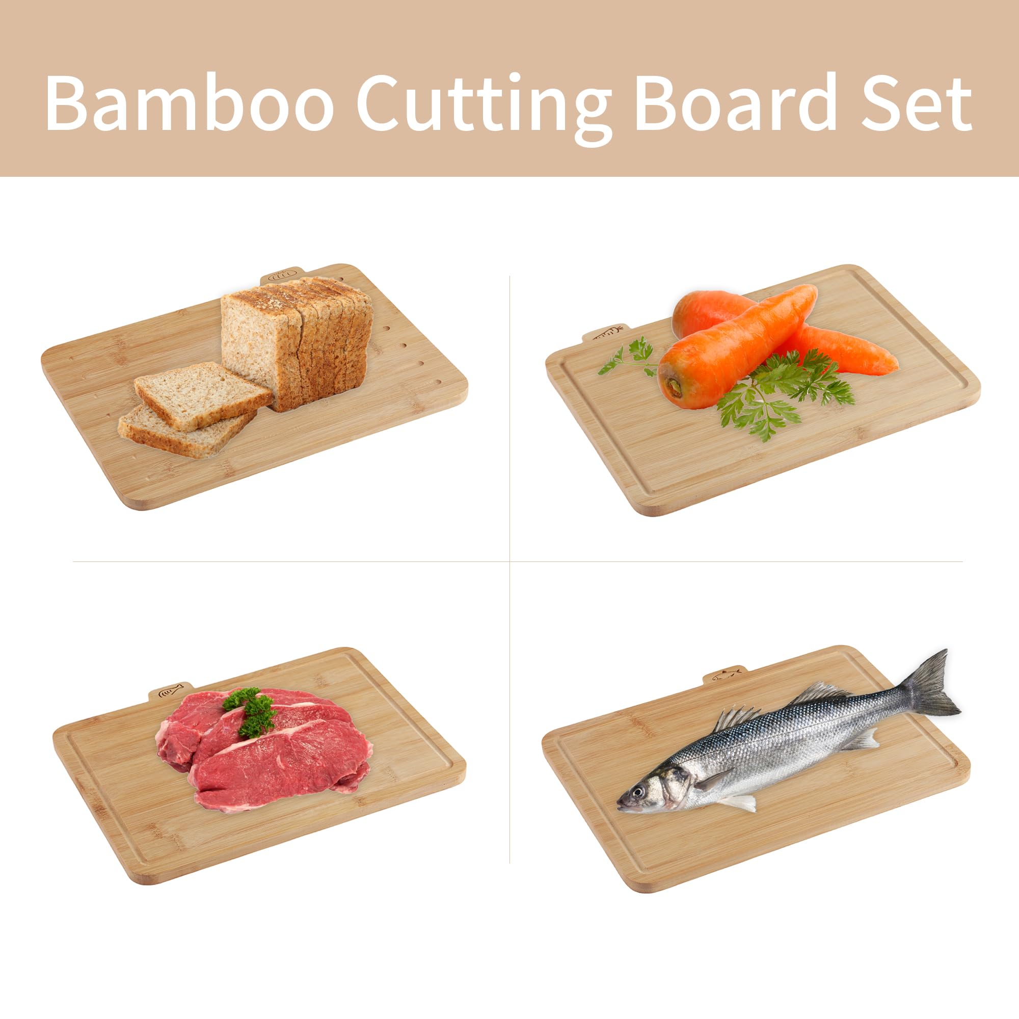 Fiery Chef Bamboo Cutting Board Set of 4 - Wood Cutting Board Set with Holder, Chopping Boards Set with Food Icons, Juice Groove - Ideal for Meat, Fish, Bread, Vegetable, Fruit Chopping