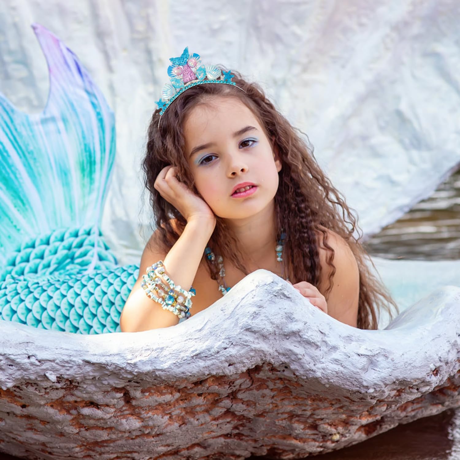 Atoden Little Mermaid Birthday Outfit Blue Princess Tiara Crown Headpiece, Starfish Seashell Mermaid Tail Headband and Sash, Birthday Accessories for Women and Girls, Party Supplies Gifts