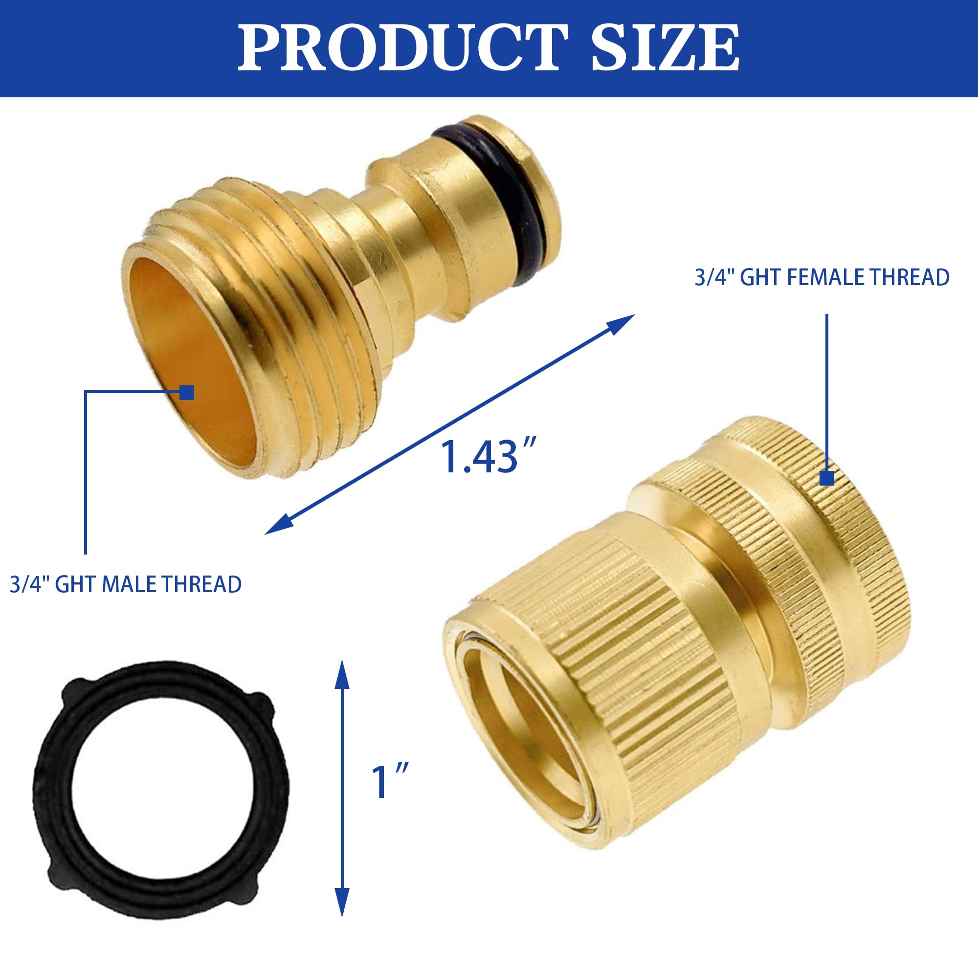 Hourleey Garden Hose Quick Connector, Solid Brass 3/4 Inch GHT Thread Garden Quick Connect Kit, Male and Female No-Leak Water Hose Fittings (6 Set)