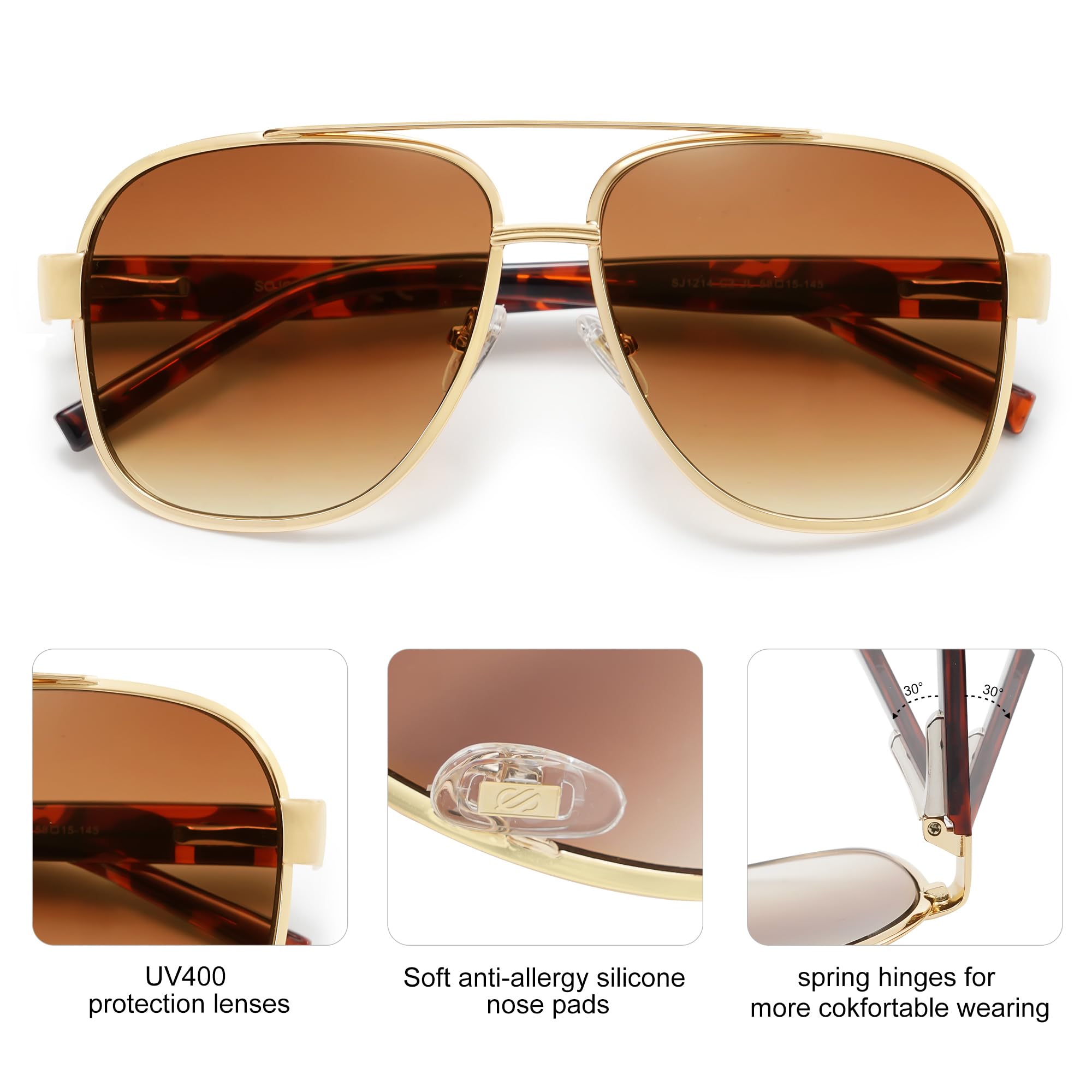 SOJOS Retro Oversized Square Aviator Sunglasses for Women Men Classic UV400 Protection Shades SJ1214, Gold/Gradient Brown