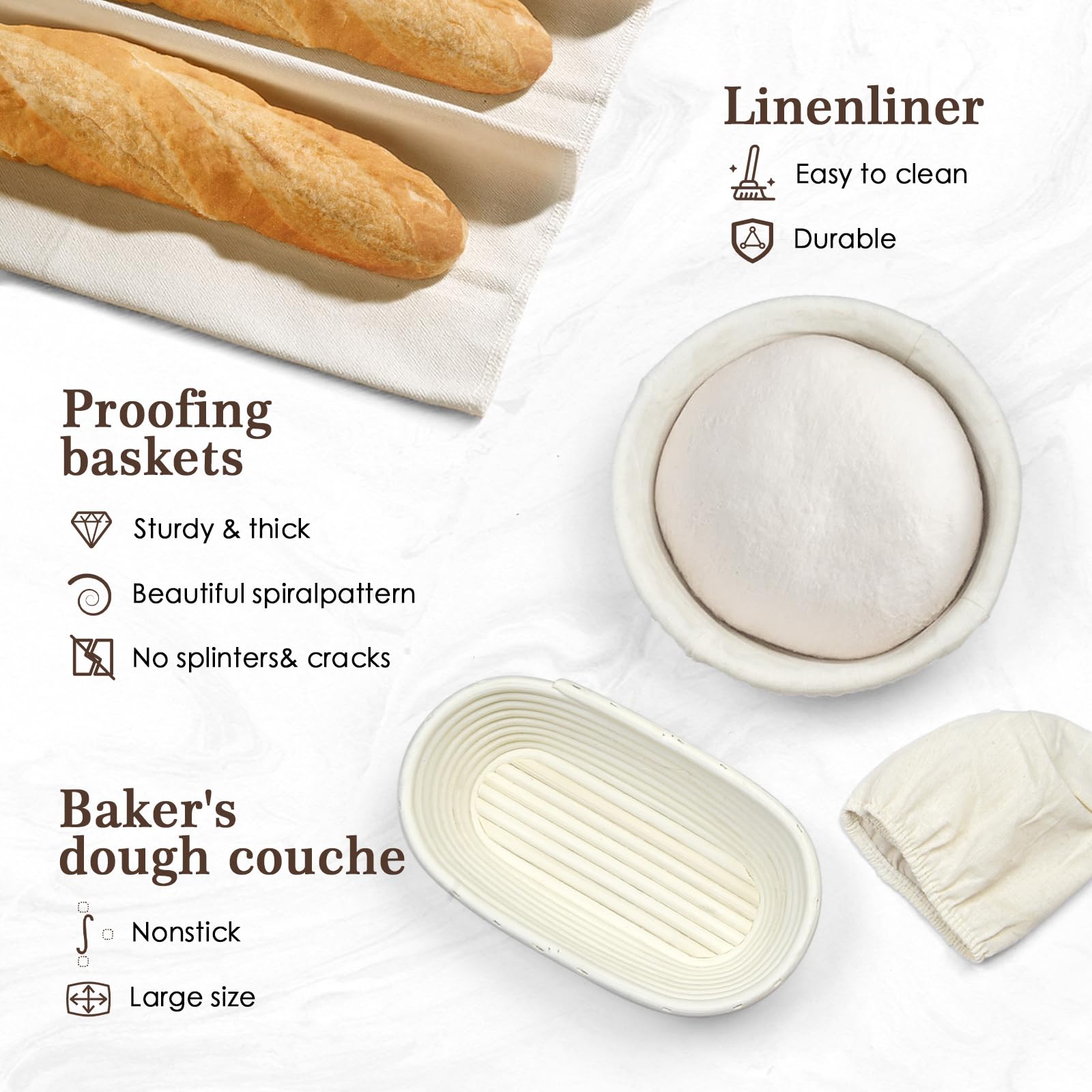 Sourdough Bread Baking Supplies, Bread Making Kit Including 9" Round & 10" Oval Cane Sourdough Baskets Danish Whisk, Bowl & Dough Scrapers, and Linen Liners, Making Baking Fermentation（13 pcs）…