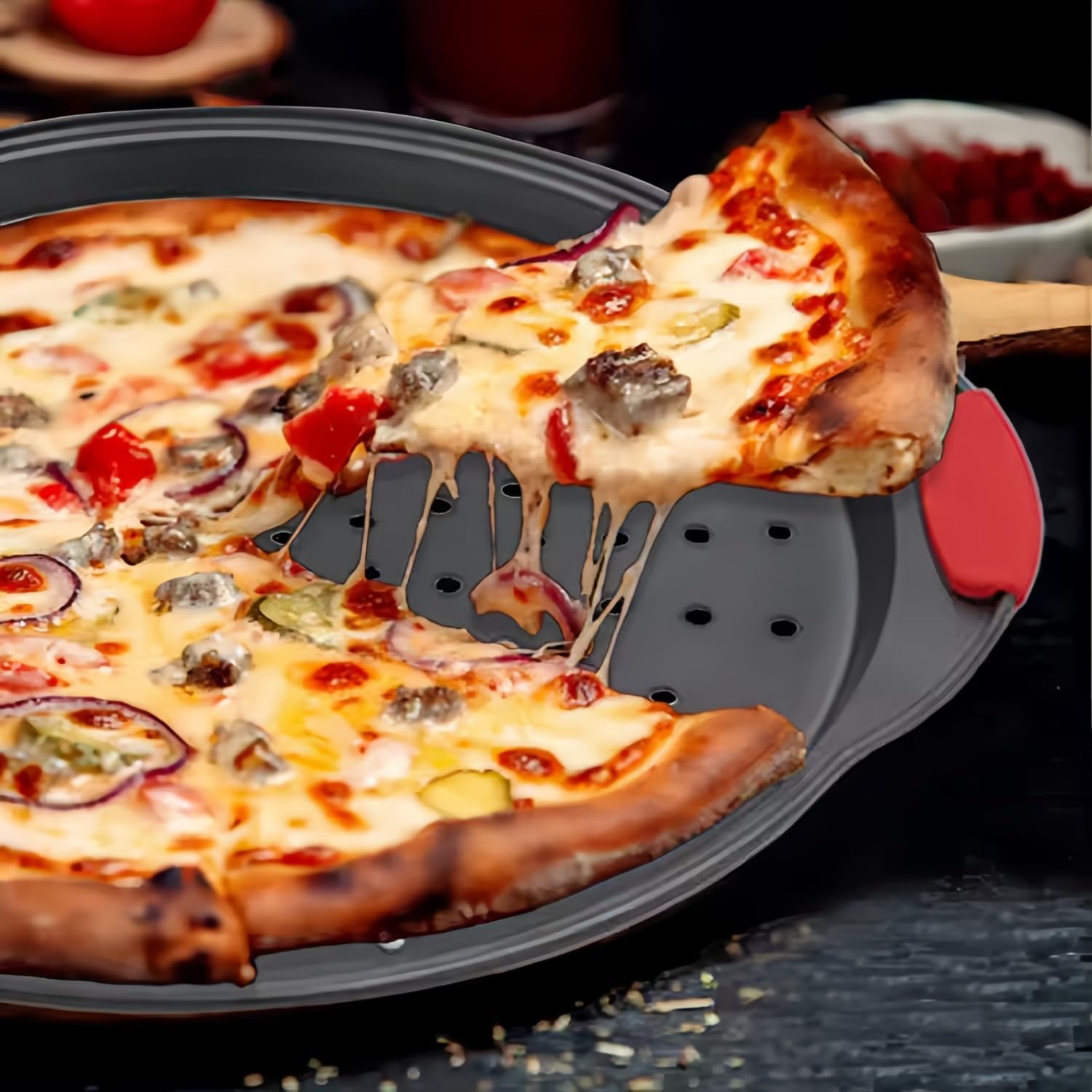 ZOEHROWS Pizza Pan for Oven (2 Pack) Round Pizza Pan with Holes - Non-Stick Carbon Steel Pizza Tray with Silicone Handles - for Cooking, Baking, and Grilling - Dishwasher Safe