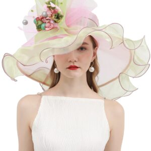 RZTA Women's Kentucky Derby Church Dress Hat Wide Brim Leaf Flower Bridal Shower Hat E3-Beige,Pink