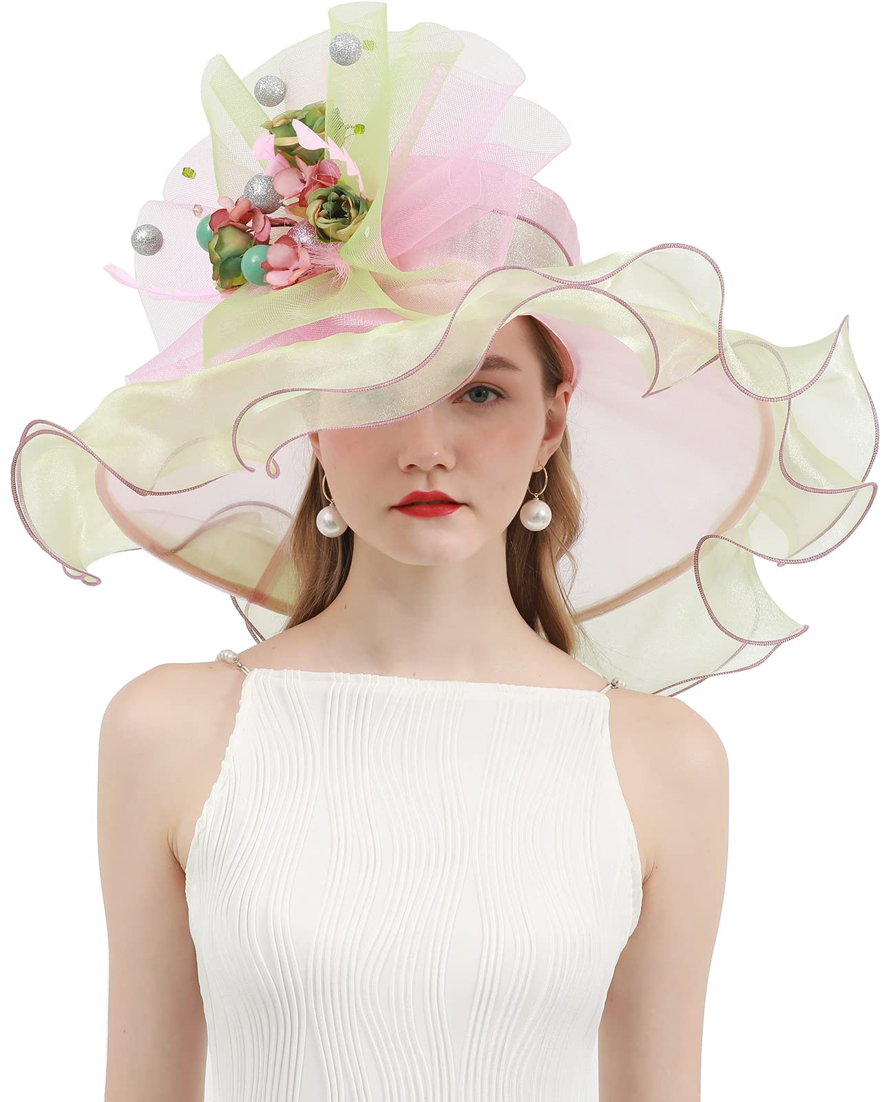 RZTA Women's Kentucky Derby Church Dress Hat Wide Brim Leaf Flower Bridal Shower Hat E3-Beige,Pink