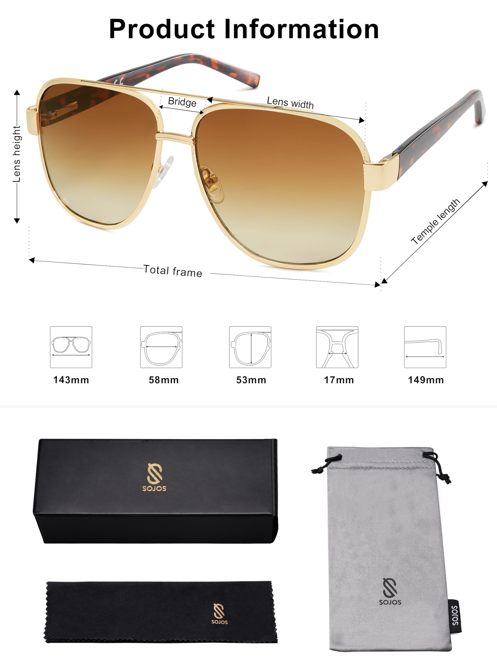 SOJOS Retro Oversized Square Aviator Sunglasses for Women Men Classic UV400 Protection Shades SJ1214, Gold/Gradient Brown