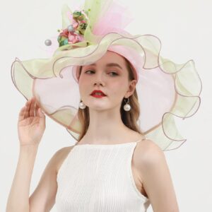 RZTA Women's Kentucky Derby Church Dress Hat Wide Brim Leaf Flower Bridal Shower Hat E3-Beige,Pink